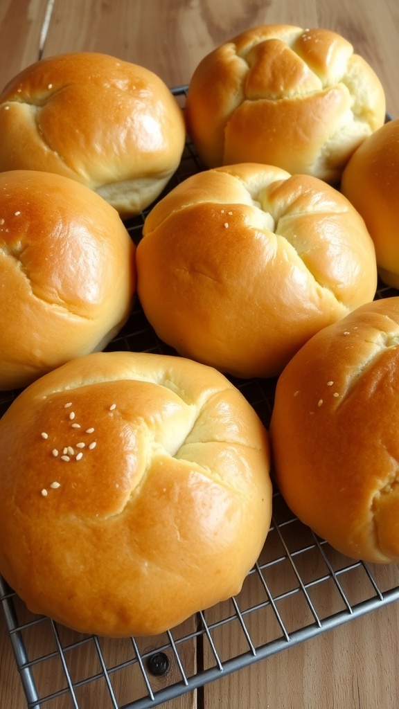 Freshly baked hamburger buns on a cooling rack, golden brown with sesame seeds, on a rustic wooden table.